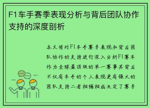 F1车手赛季表现分析与背后团队协作支持的深度剖析