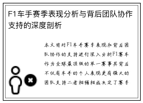 F1车手赛季表现分析与背后团队协作支持的深度剖析