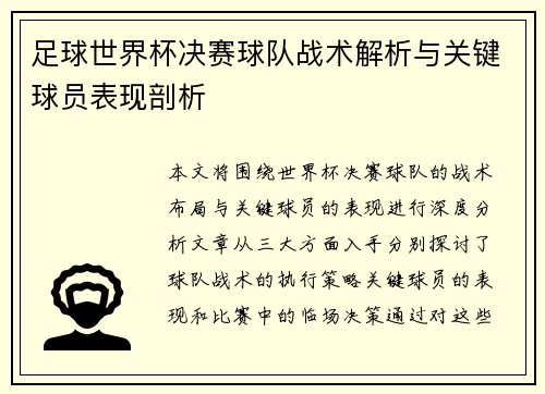 足球世界杯决赛球队战术解析与关键球员表现剖析